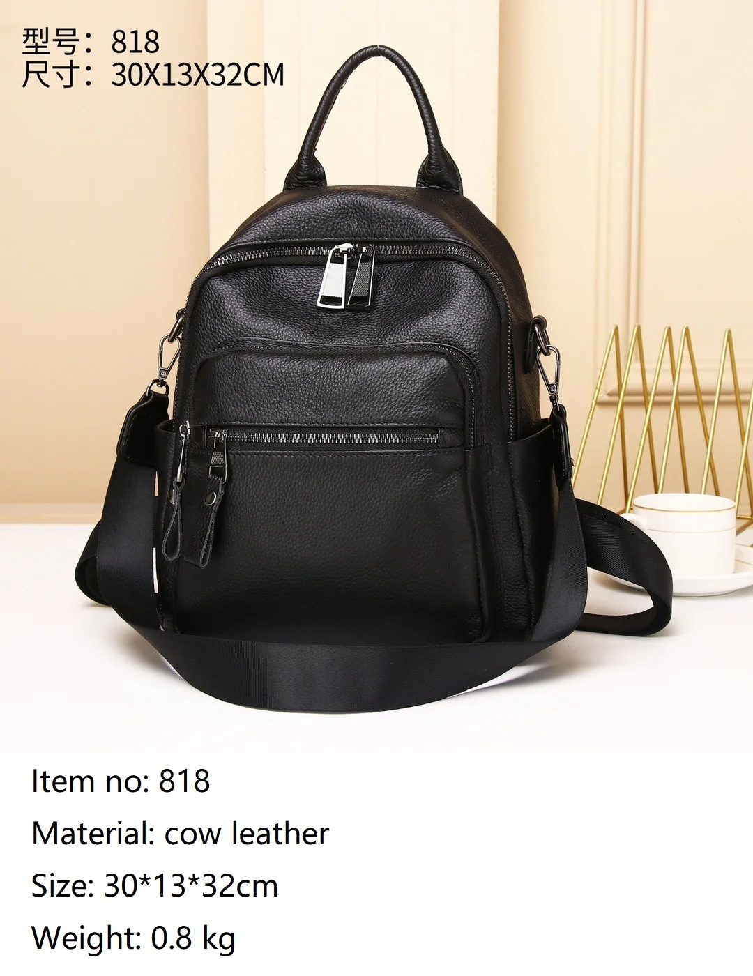 Schwarz Echtes Leder Rucksack Frauen Casual Anti-diebstahl Damen Reise Schulter Tasche Solide Muster Mädchen Schule Rucksack – Detail 1