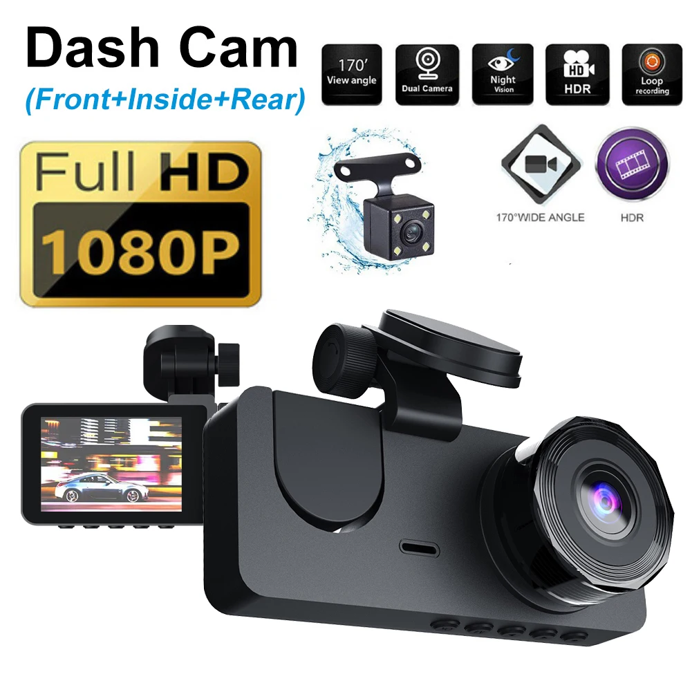 

1080P Car Driving Recorder 3-Channel Car DVR Video Recorder 3 Lenses in-Car Driving Recorder Monitor Car Interior Accessories