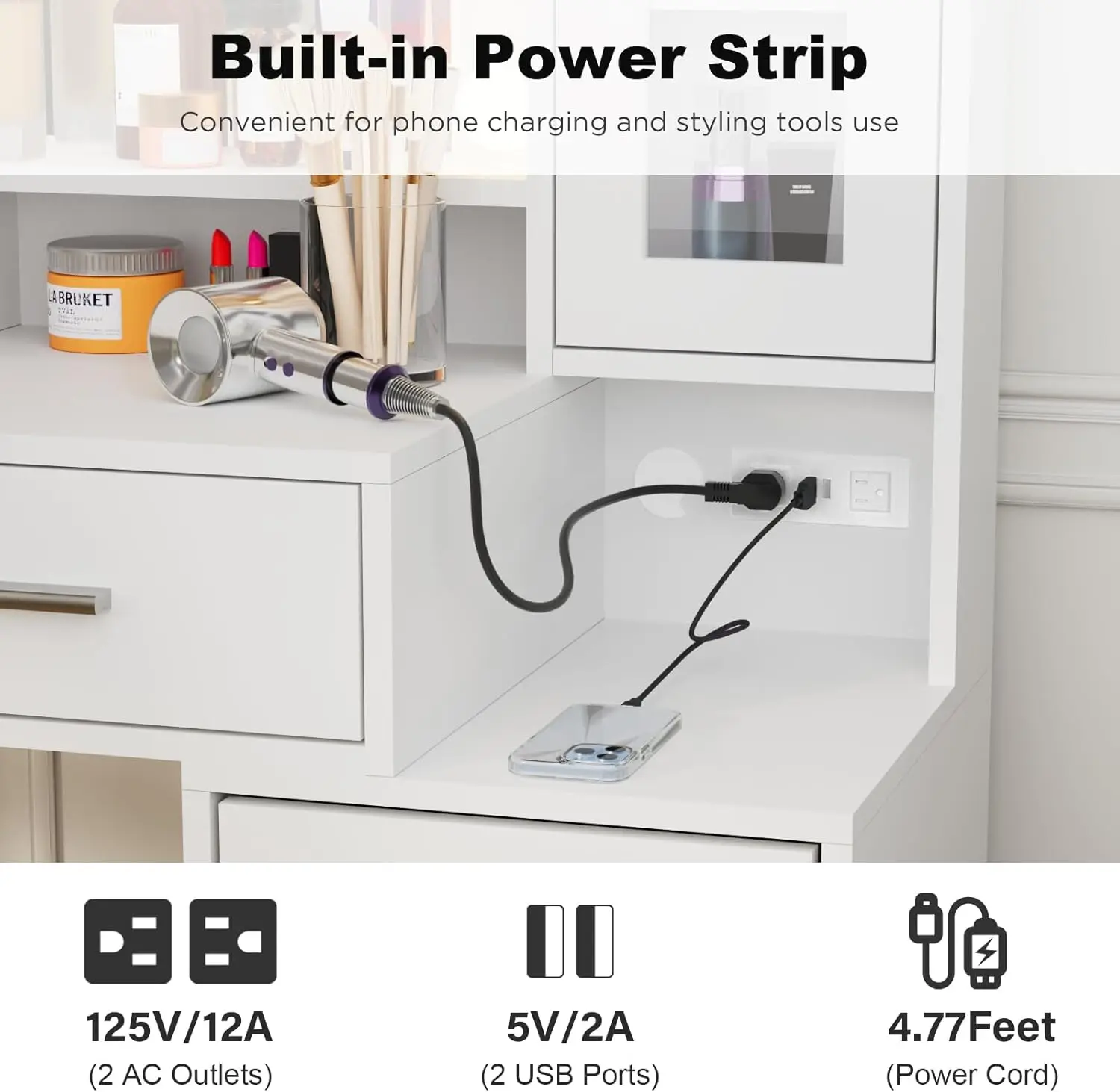 Makeup Vanity with Charging Station, Makeup Vanity Desk with Mirror and Lights, Dressing Table Nightstand Drawers &