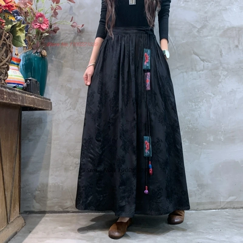 national flower embroidery satin jacquard double layers skirt vintage folk skirt traditional elastic waist a-line
