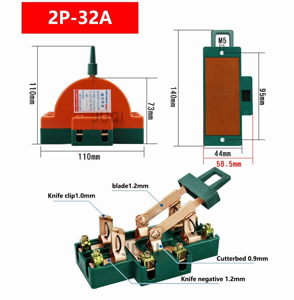 양방향 나이프 스위치 가정용 2P 2상 고전력 32A/63A/100A 220V 이중 던지기 반시계 방향 나이프 스위치
