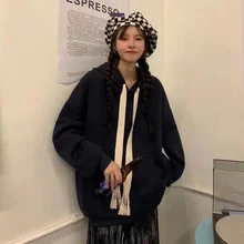 

New Autumn and Winter Plus Velvet Warm Jacket Lazy Stitching Loose Simple Round Neck Pullover Hong Kong Style Hooded Sweater