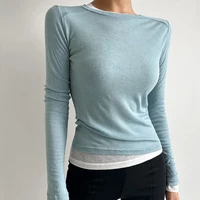 O Neck Solid T Shirt Women Basic T Shirts Female Casual Tops Long Sleeve See Through.jpg