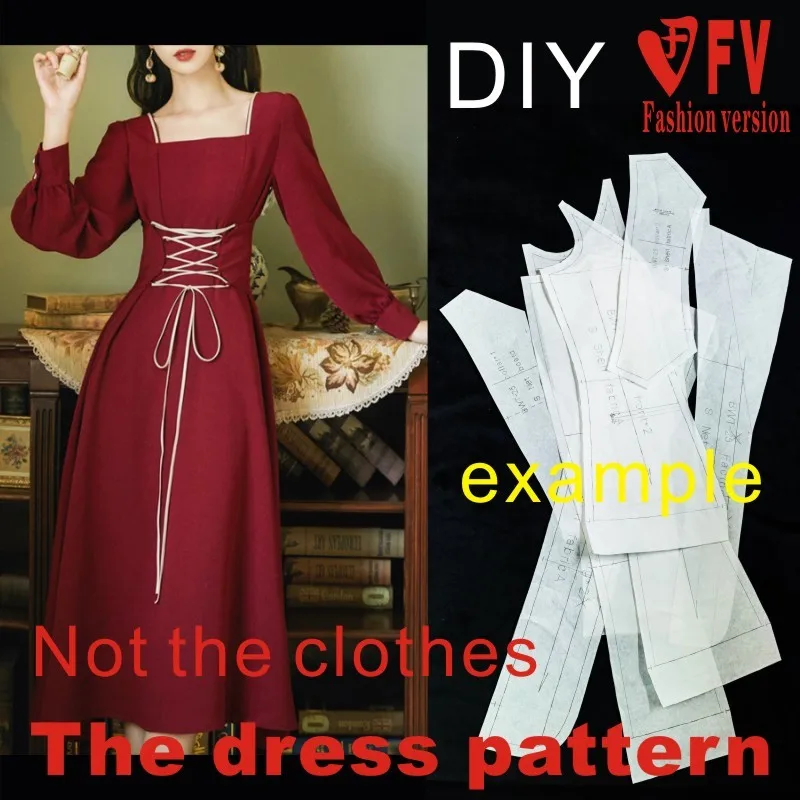 Pattern making women's retro square-neck dress cutting drawings 1:1 physical pattern BLQ-570
