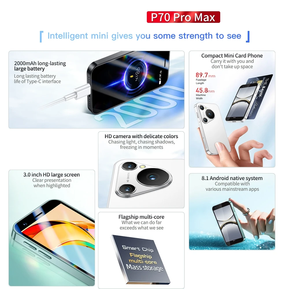 FUFFI P70 Pro Max Smartphone Android Face ID Portable 8.1 Mini 3G Smart Phone 3.0Inch HD 16GB ROM 2000mAH Battery Cellphone 2
