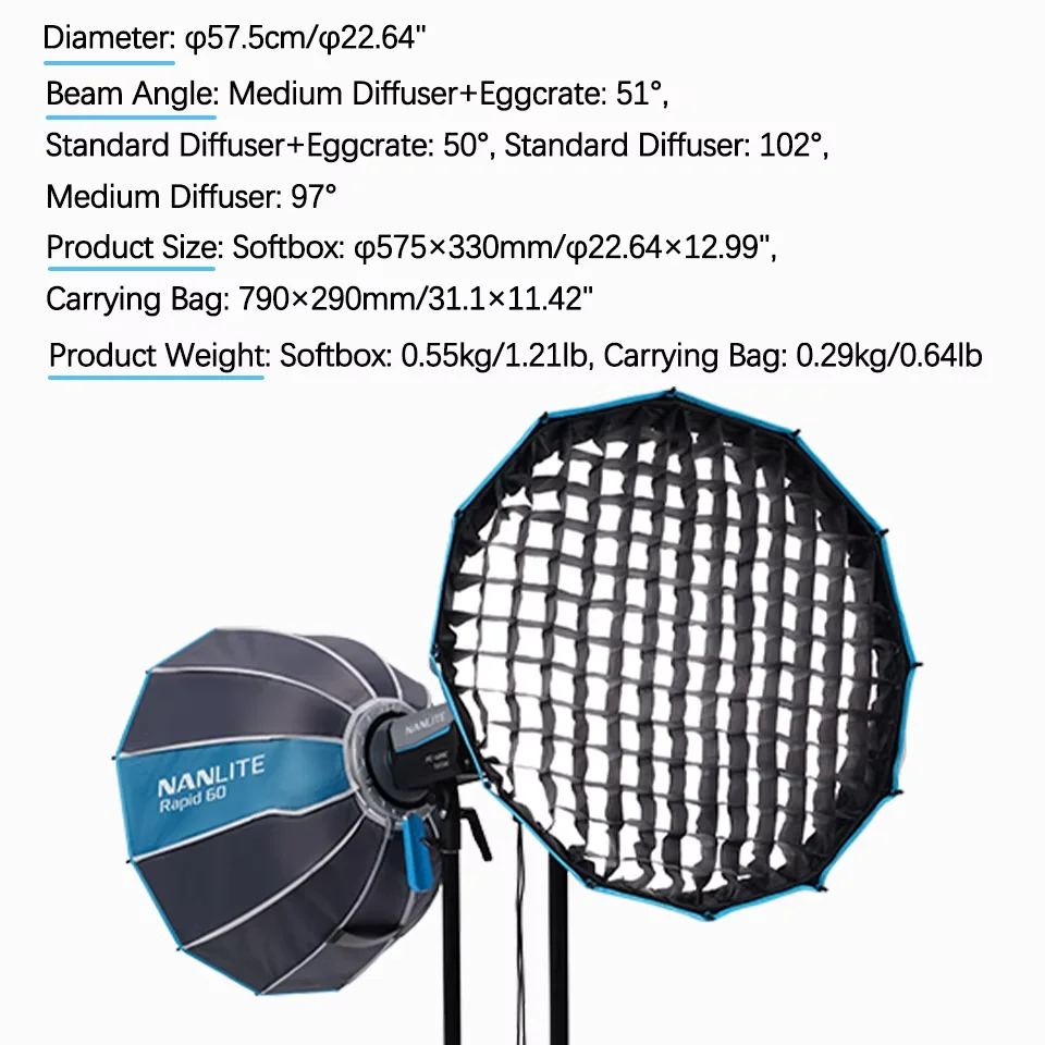 Nanlite SB-FM-RP60 Rapid 60cm FM 마운트 소프트박스 전문가용 소프트 라이트 빠른 설치 사진 조명 소프트 라이트 소프트박스