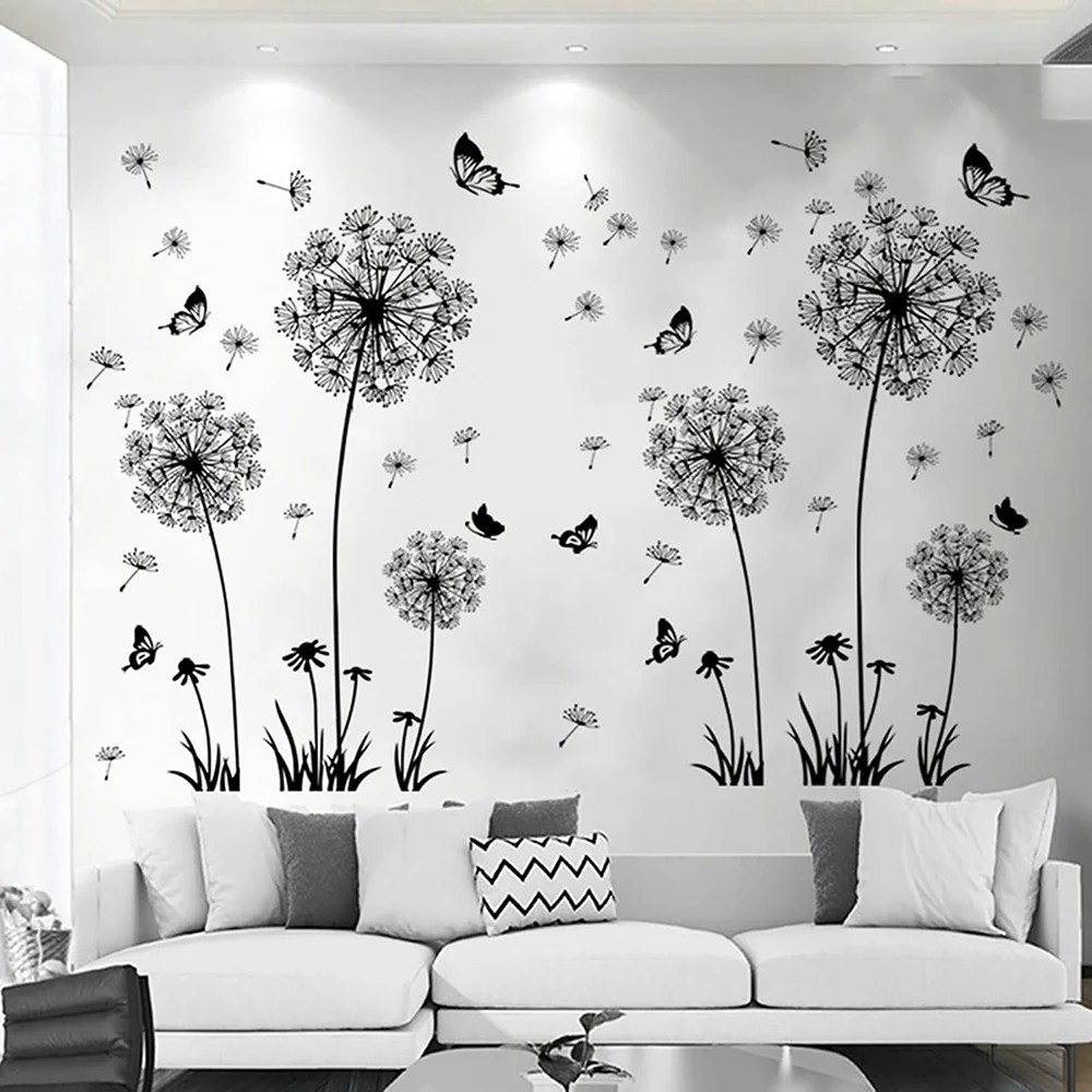 Black Dandelion Wall Stickers Butterflies Wall Living Room Bedroom Glass Window Decoration Mural Art Home Decor Decals wall stickers window stickers