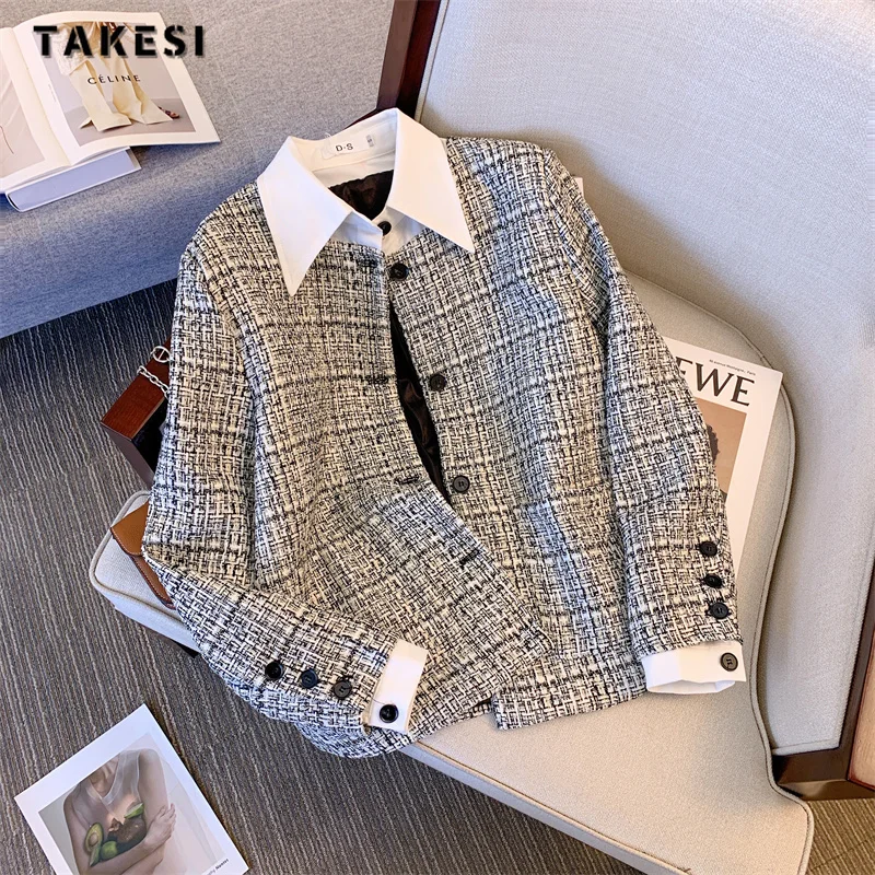 

2023 Autumn Winter Korean Style Single Breasted Gingham Jacket For Women Outwear Casual Fashion Loose Turn Down Collar Coat