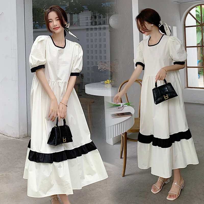 

Black Patchwork White Cotton Loose Vestido De Festa Longo Puff Sleeve 2024 Vintage Elegant Korean Summer Dresses for Women 4xl