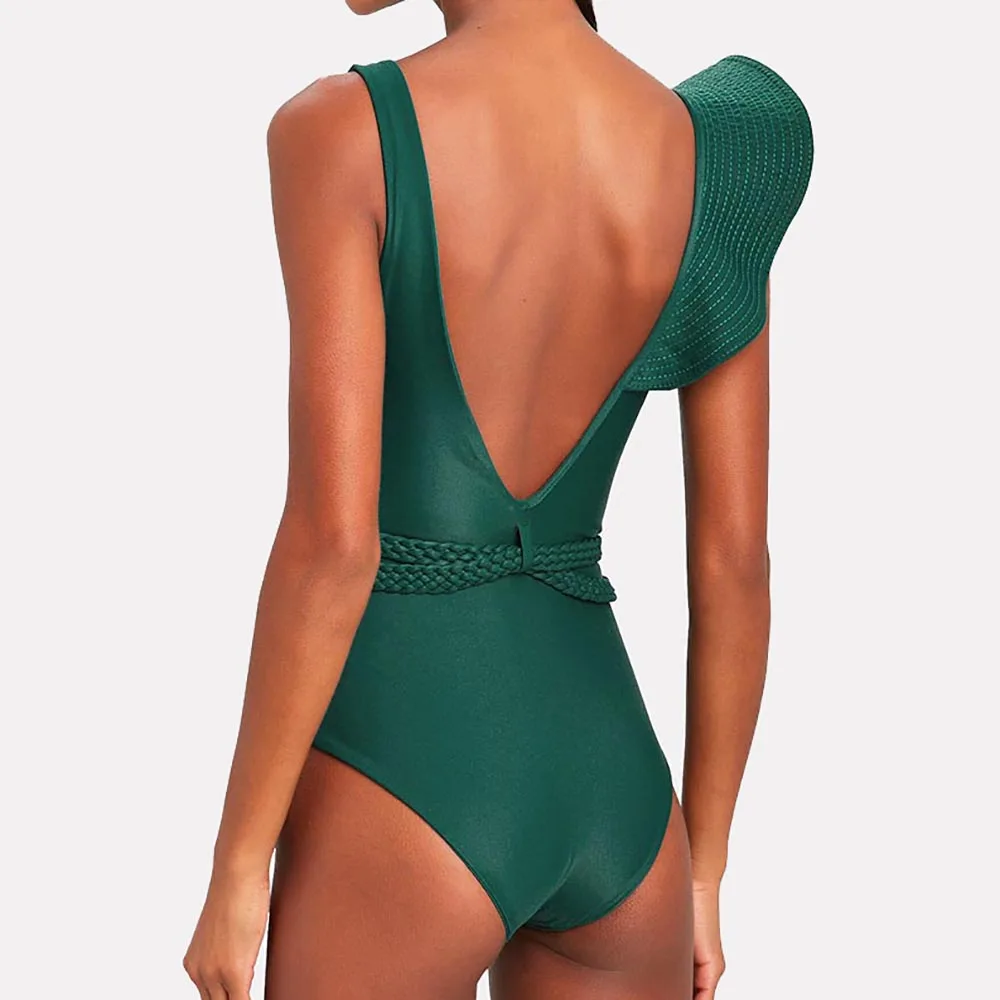 Swimwear Women One Piece Swimsuits Deep-v Beach Wear Shoulder Solid Ruffled Plus Size Bathing Suit Micro Bikini  Backless Beachw