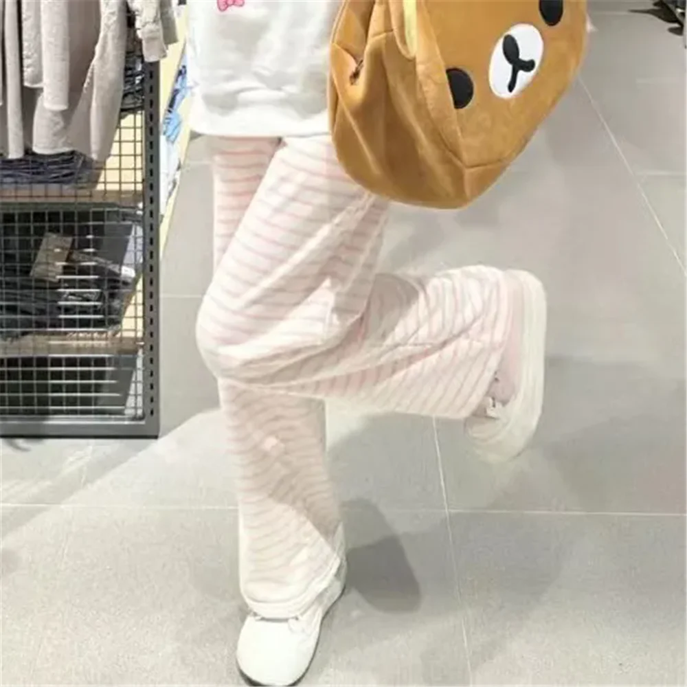 Cute Y2K Striped Pants Women Kawaii Sweet Harajuku Fleece Sports Korean Fashion Sweatpants Girly Basic Cartoon Japanese Trousers 4