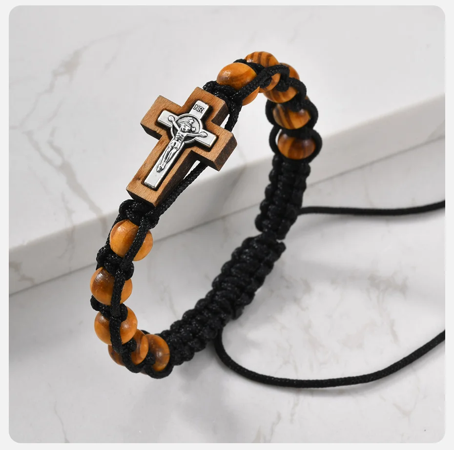 Kruzifix-Kreuz-Perlenarmbänder für Männer, braunes Holzperlenarmband, verstellbares gewebtes Rosenkranz-Armband, religiöser Schmuck. – Detail 6