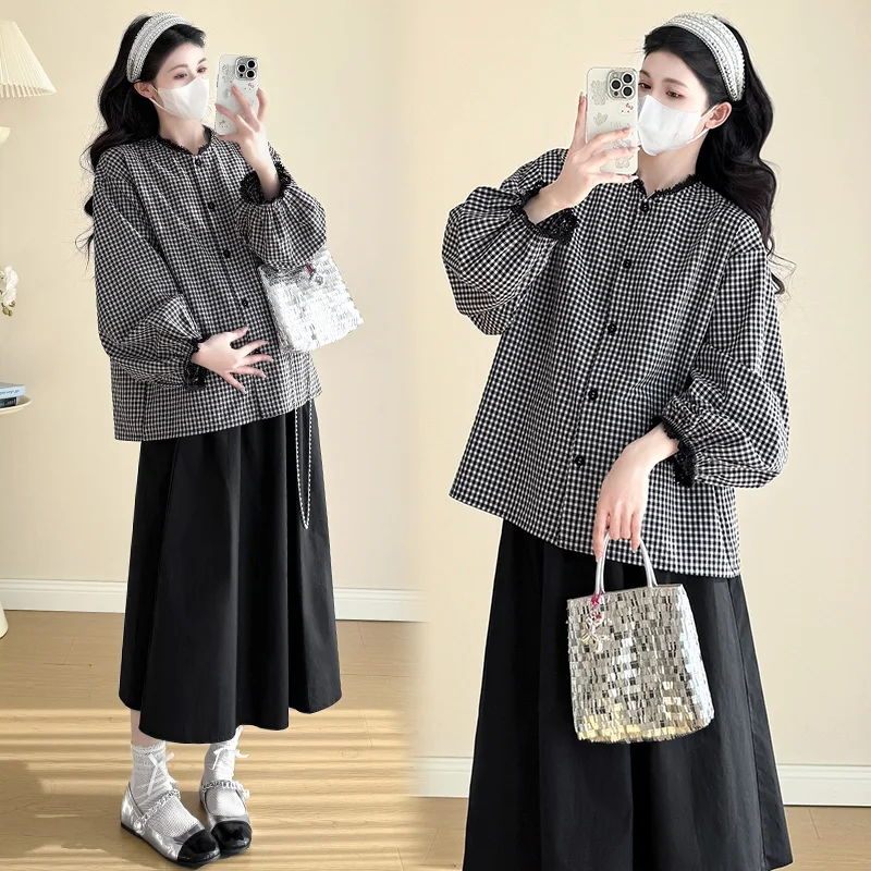 Plus Size Maternity Clothes Set Spring Long Sleeve Plaid Shirts Belly Skirts Twinset Preppy Style Pregnant Woman Skirt Suits