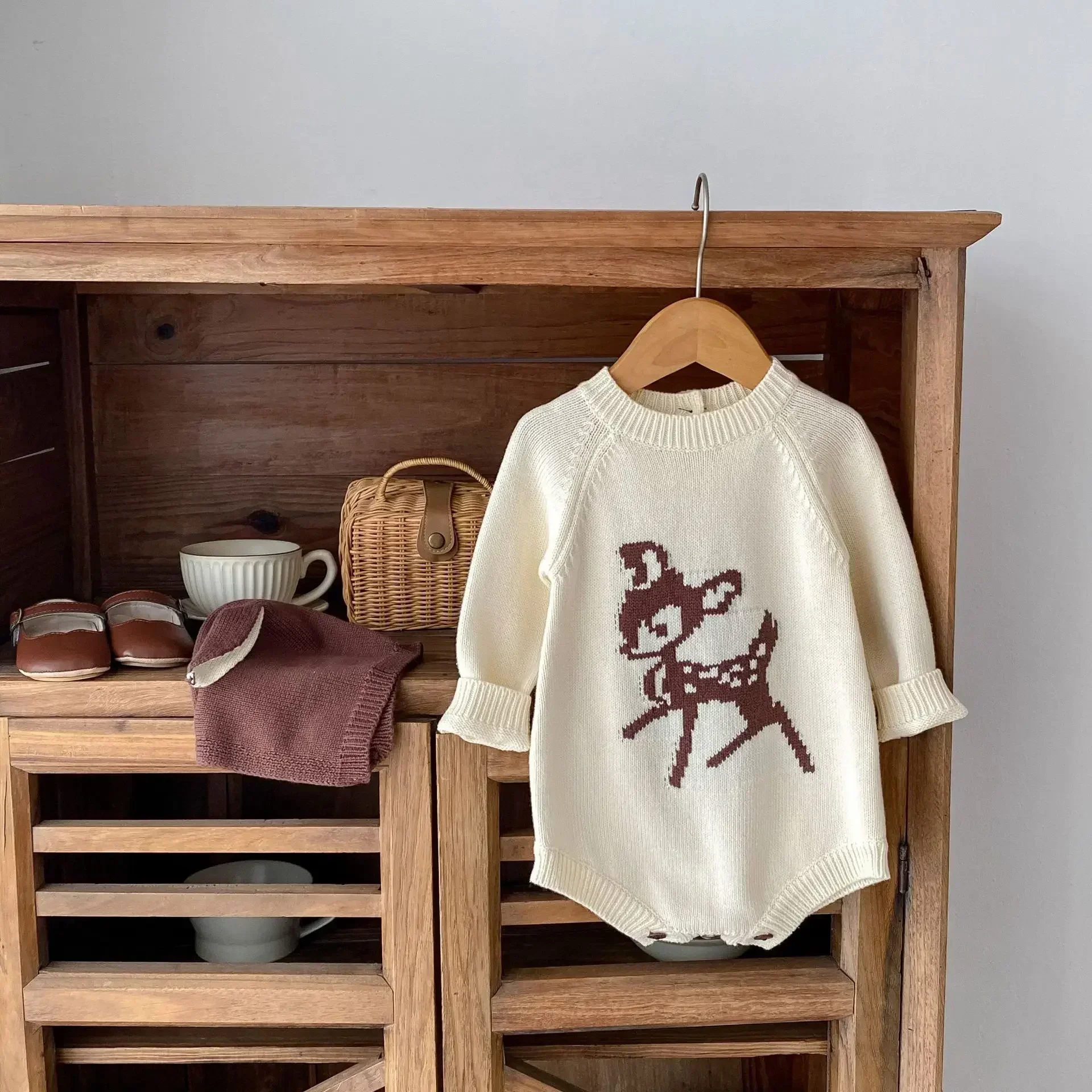7485 Baby Knitted Bodysuit Autumn New Deer Print Baby Boy's One Piece Clothes Knitted Girl's Clothes 4