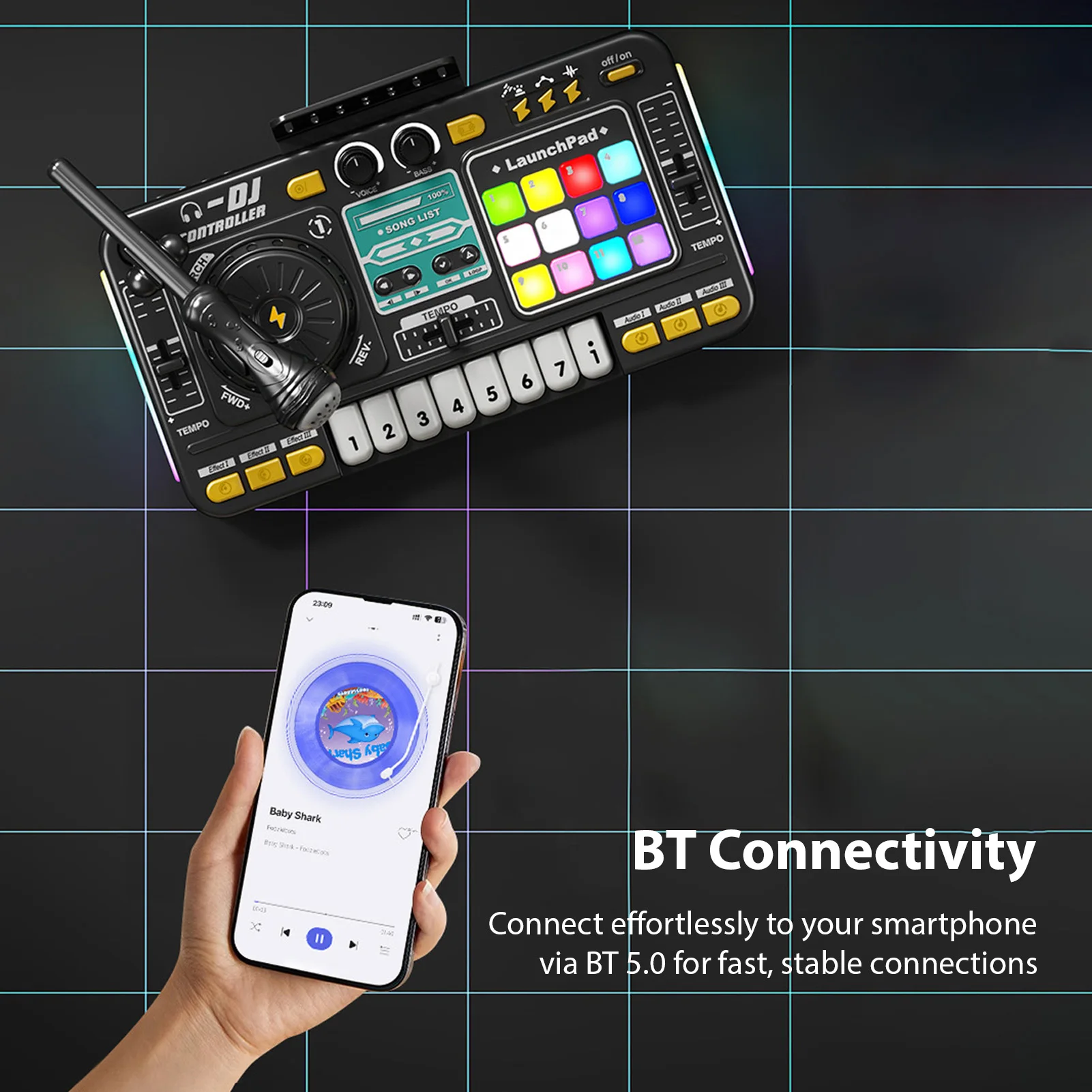 DJ Controller for Kids DJ Disc Player Electronic Keyboard BT DJ Mixer Table with Adjustable Microphone Dynamic Lighting Effects