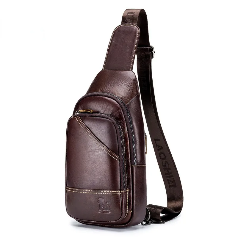 Men's Chest Bag Male Leather First Layer Cowhide Casual Men's Crossbody Bag Single Shoulder Bag New Style Fashion Dark Brown