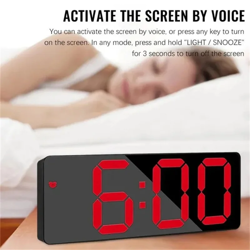 Description Picture 4 of itemLED Mirror Digital Alarm Clock Voice Control Table Clock Snooze Function 3 Brightness Adjustable 12/24H Electronic LED Clocks