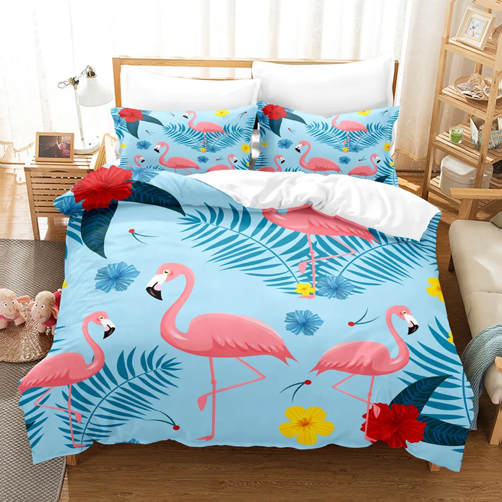 

Pink Flamingo Bedding Set Tropical Plant Duvet Cover 3D Printing Polyester Quilt Cover For Kids Girls With Pillowcase No Sheet