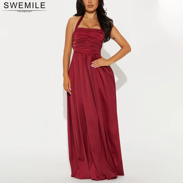 SWEMILE Simple Pleated A-line Evening Dress 2025 Halter Beach Wedding Party Special Celebration Prom Gowns Floor-Length Vestidos 1