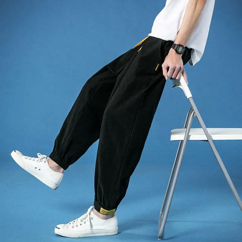 Spring Autumn New Fashion Korean Style High Waist Pockets Men's Clothing Cotton All Match Hemp Tie Feet Casual Loose Solid Pants