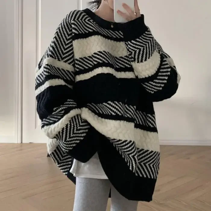 

Loose and Lazy Style Contrast Color Striped Knitted Sweater Coat Inner Wear Outer Wear Autumn Winter New Gentle Sweet Top Women