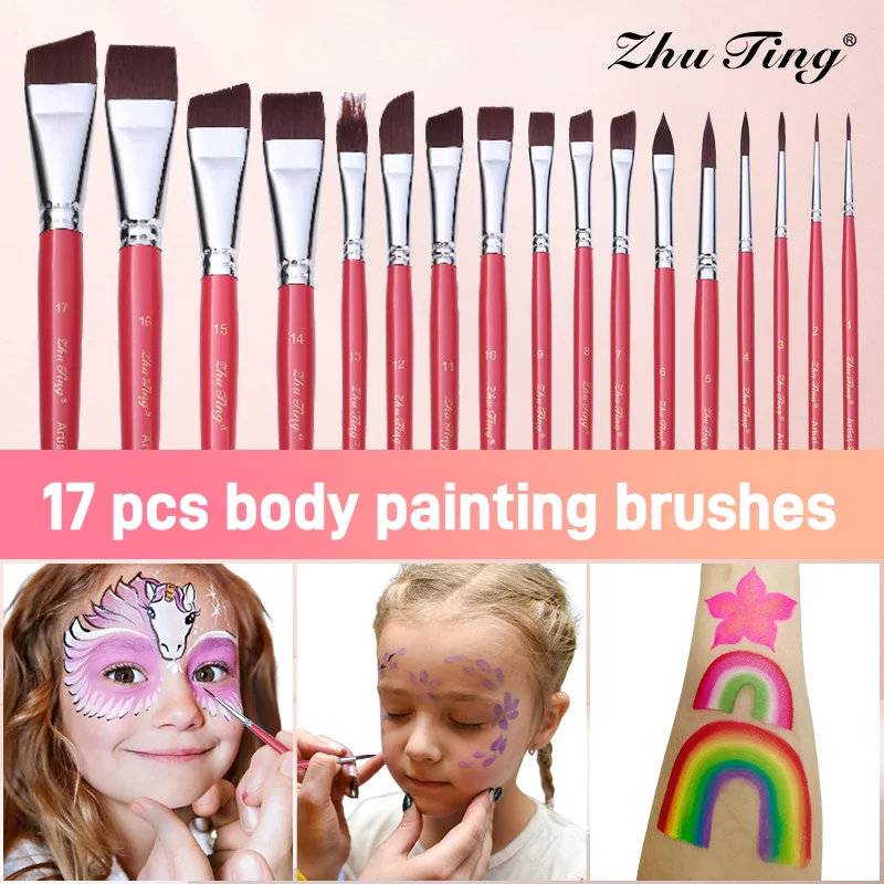 17 Pcs Body Pinting Face Body Art Paint Professional Wooden Handle Paint Brushe Set Portable with Storage Box Watercolor Brushes 2