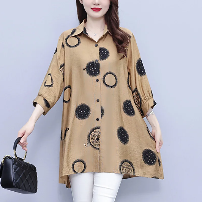 

Women Summer Korean Simplicity Large Size Loose Cotton Polo-Neck 3/4 Sleeve Blouse Women Clothes Casual Printing Irregular Tops
