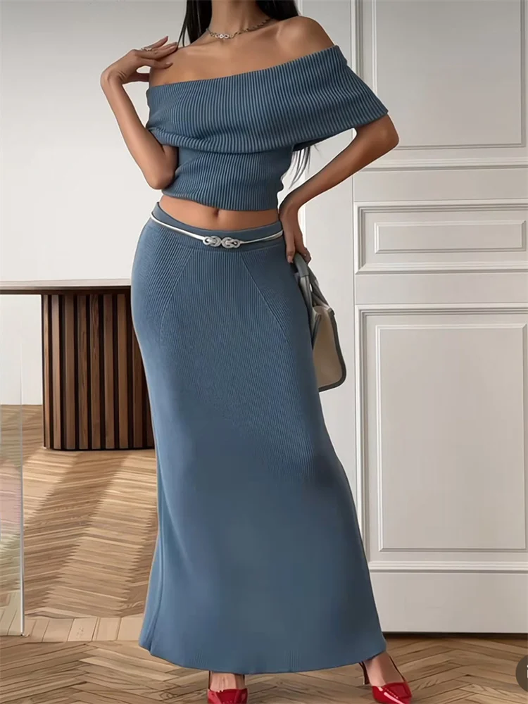 Knit Ribbed 2 Piece-Set Long Skirt For Women Backless Solid Cropped Sweater Pullover And Slim Knitwear Maxi Skirt Outfits