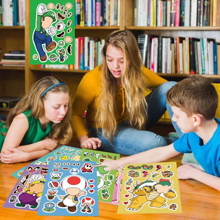 8 Sheets Anime Super Mario Bros Puzzle Stickers Game Kawaii Make A Face Stickers Cute Cartoon DIY Funny Sticker Toy Kids Gift 6