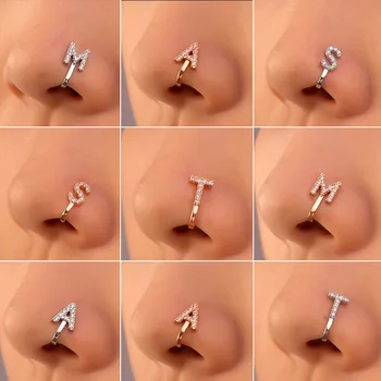 Women A B C D E F M S T-Z Crystal Letter Crystal Nose Clip Ring Fake Septum Piering Body Jewelry Non Perforation Nose Ring Stud