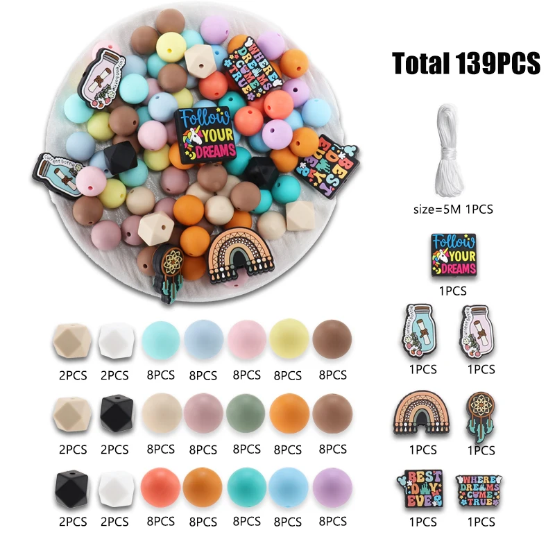 139PCS Dreams Silicone Focal Beads For Pens Rainbow Short Words Beads Bulk for Jewelry Making Bracelet Necklaces Handmade Crafts