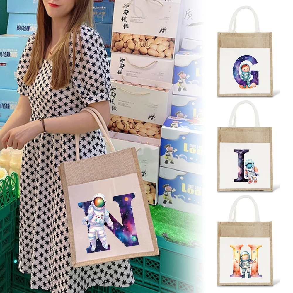 Astronaut Letter Printing Pattern Linen Shoulder Bag Hemp Bag Designer Handbag Jute Imitates Linen Bags Women's Shopping Bag