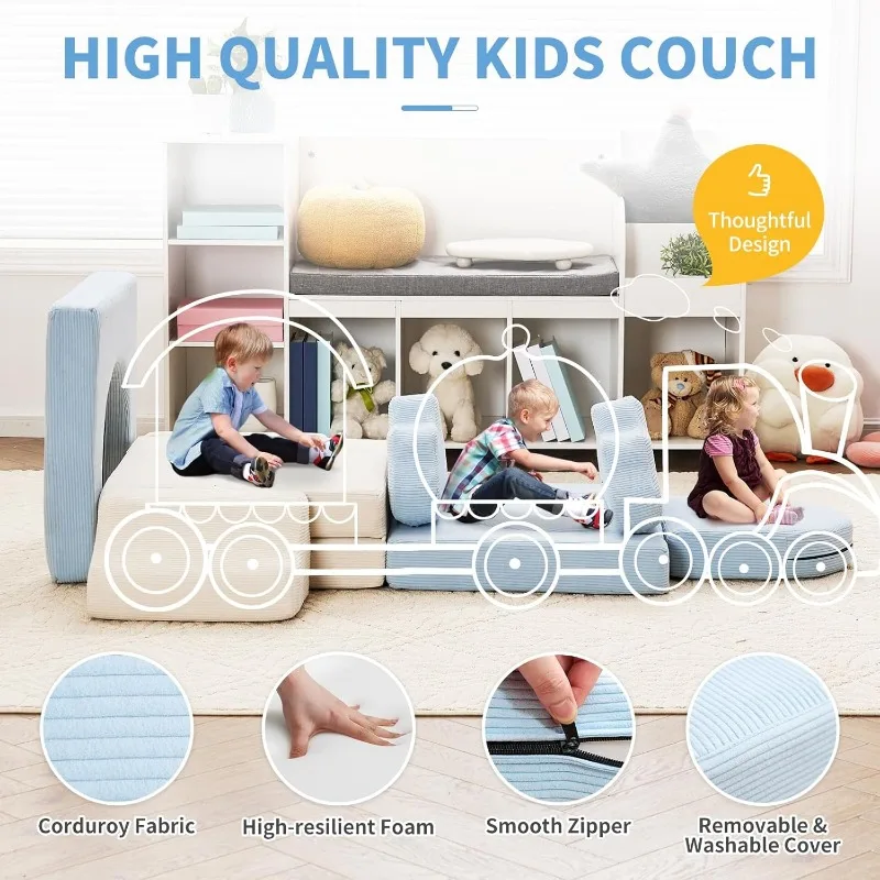 Modular Kids Play Couch 10PCS Kids Modular Couch Colorblocked Corduroy Modular Kids Couch Modular Couch Kids (Beige, Light Blue) 4