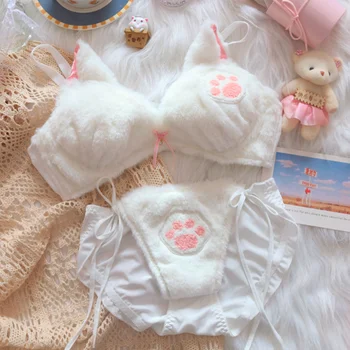 여성용 귀여운 로리타 고양이 발 봉제 속옷, 편안하고 귀여운 일본 소녀 귀 브래지어 및 팬티 세트, 가을 및 겨울