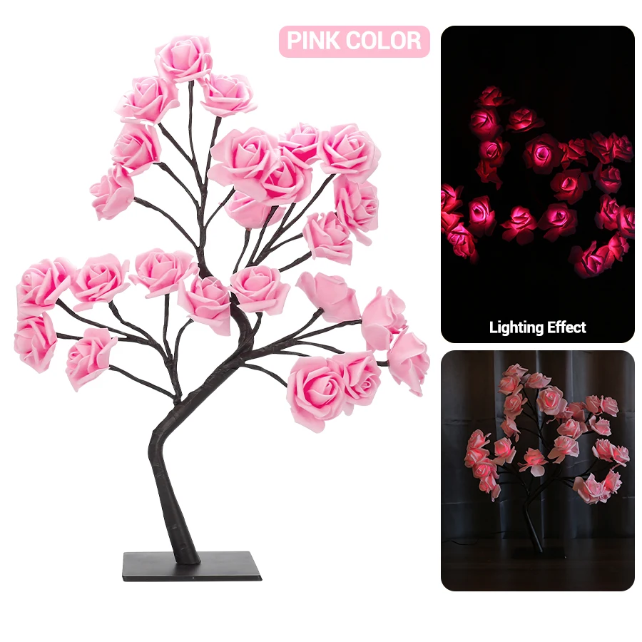 Lampe De Table, Arbre Lumineux En Forme De Rose, 24 Lumières LED Blanc Chaud, Alimentation USB, Interrupteur Tactile, Lampe De Chevet Pour La Maison