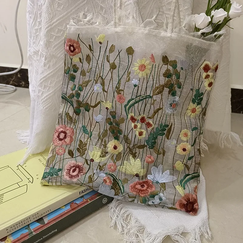 Handmade Retro Flower Embroidered Shoulder Bag - Womens Lace Tote for Beach and Art