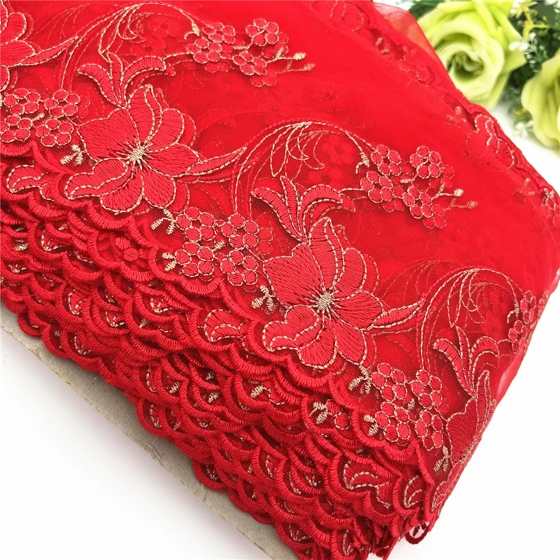20y/lot Width 5Inch 13cm Red Gold Embroidery Floral Lace Trim Skirt Hem Underwear Sewing Material Craft DIY Apparel Fabrics Lace 6