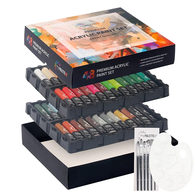Acrylic Paint Set, 48 colors paints set, with 6 Art Brushes, Paint Palette - Quick Dry Paints for Hobby Painters  Kids Painting