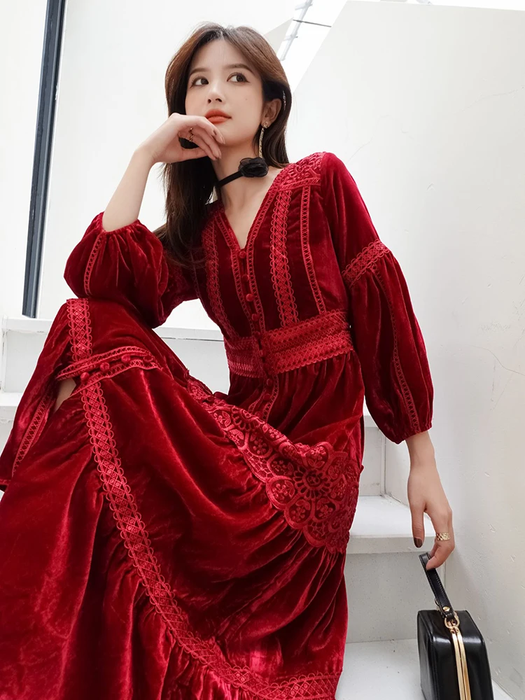GypsyLady elegante Chic rosso Midi Dress velluto Vintage Boho