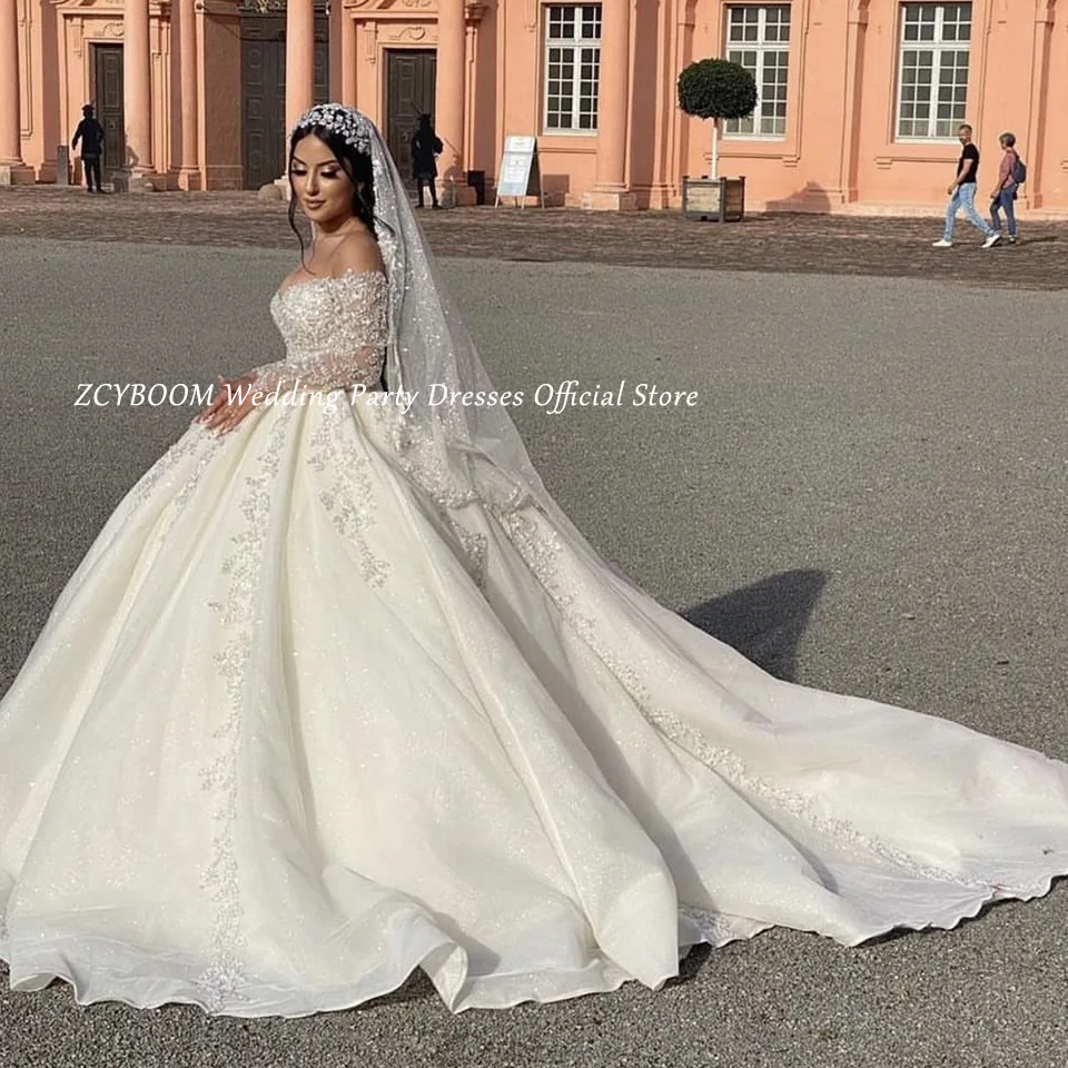 Customized V-Neck Off The Shoulder Sequin Appliques White Wedding Dress 2026 Ball Gown Floor Length Long Sleeves Bridal Gown