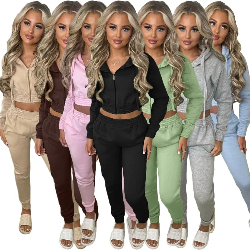 European and American women's new fashion plush sweater with a hooded sports casual set two piece sets womens outifits new men s hoodie suit european and american fashion trend sportswear casual loose pullover match color hoodie two sets