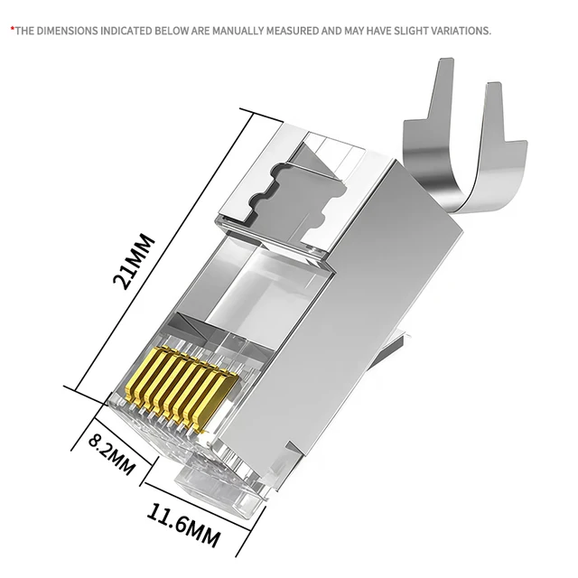 10Pcs Cat7 Shielded RJ45 Connector 10Gbps, Gold-Plated Pins, Metal Housing, 1.5mm Hole, 2-Piece Pass-Through, for Cat7 Cable 2