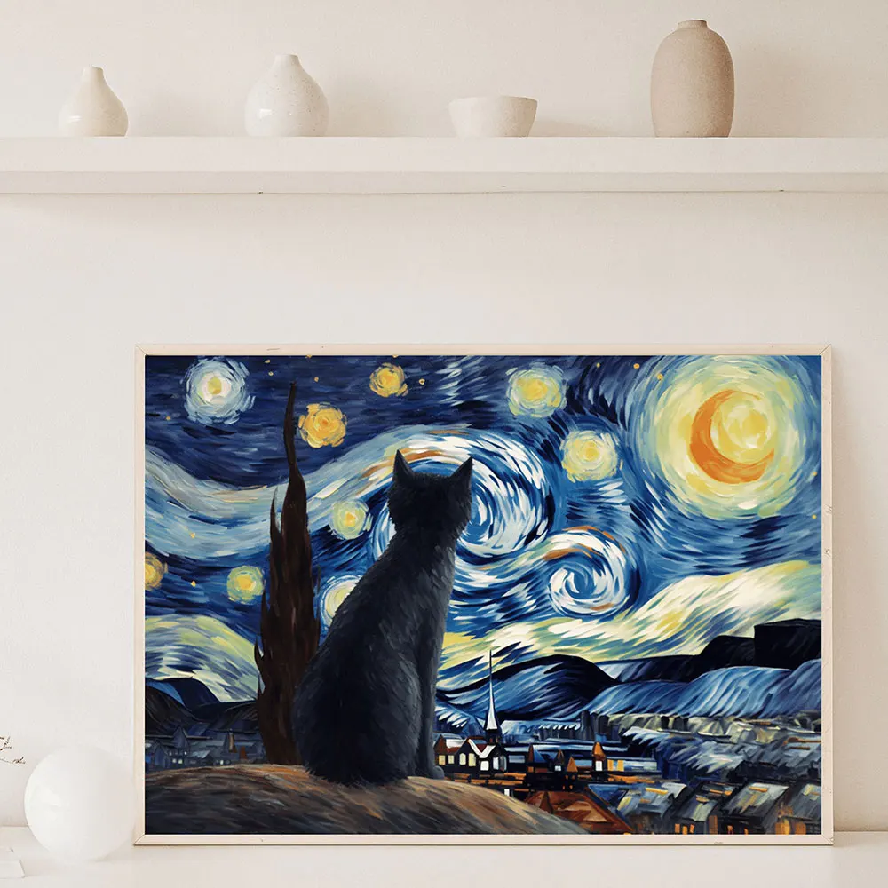 

The Starry Night and Cat Poster Print Funny Van Gogh Remastered Artwork Animals Canvas Painting Wall Art Home Living Room Decor