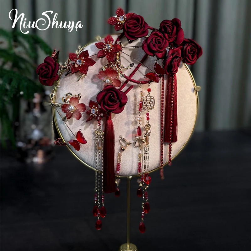 

NiuShuya Chinese New Fashion Bride Wedding Hair Jewelry Accessories Red Rose Flower Tassel Hair Pins Crystal Headpiece Set