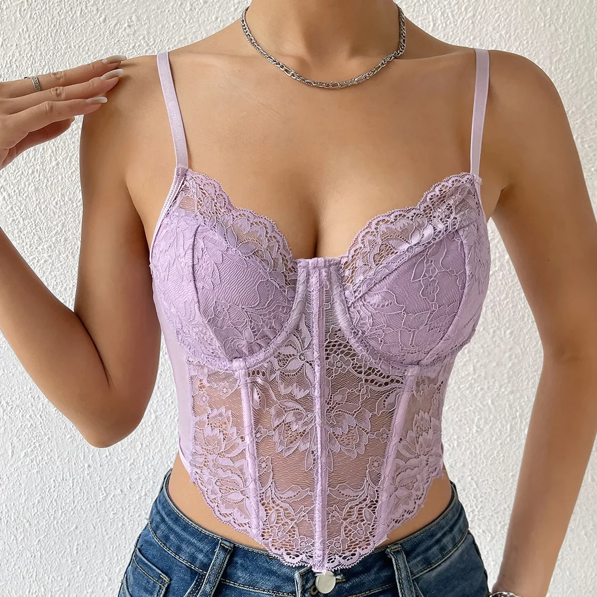 Sexy Lace Steel Ring Corset Women Lace Crop Cami Tops Sleeveless Spaghetti Strap Solid Color Corset Camisole waist corset corset bustier top lace corset