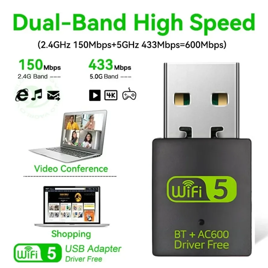 600M 2-In-1 USB WiFi 블루투스 어댑터 듀얼 밴드 USB 무선 카드 2.4G/5.8G 데스크탑/노트북 Wifi 어댑터 드라이버 무료 고속