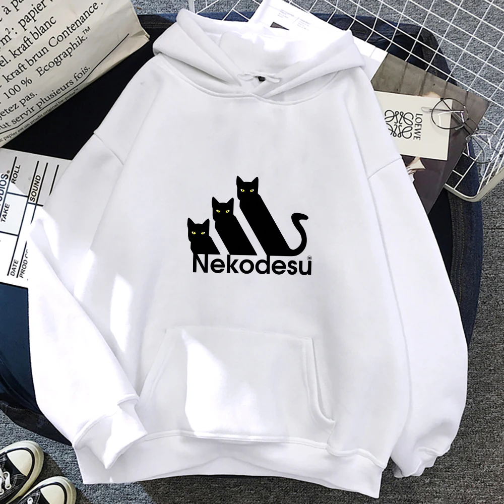 

Casual Anime Hoodie Men Women Funny Cat Print Sweatshirts Manga Pullover Hip Hop Streetwear Vintage Black Hoodie
