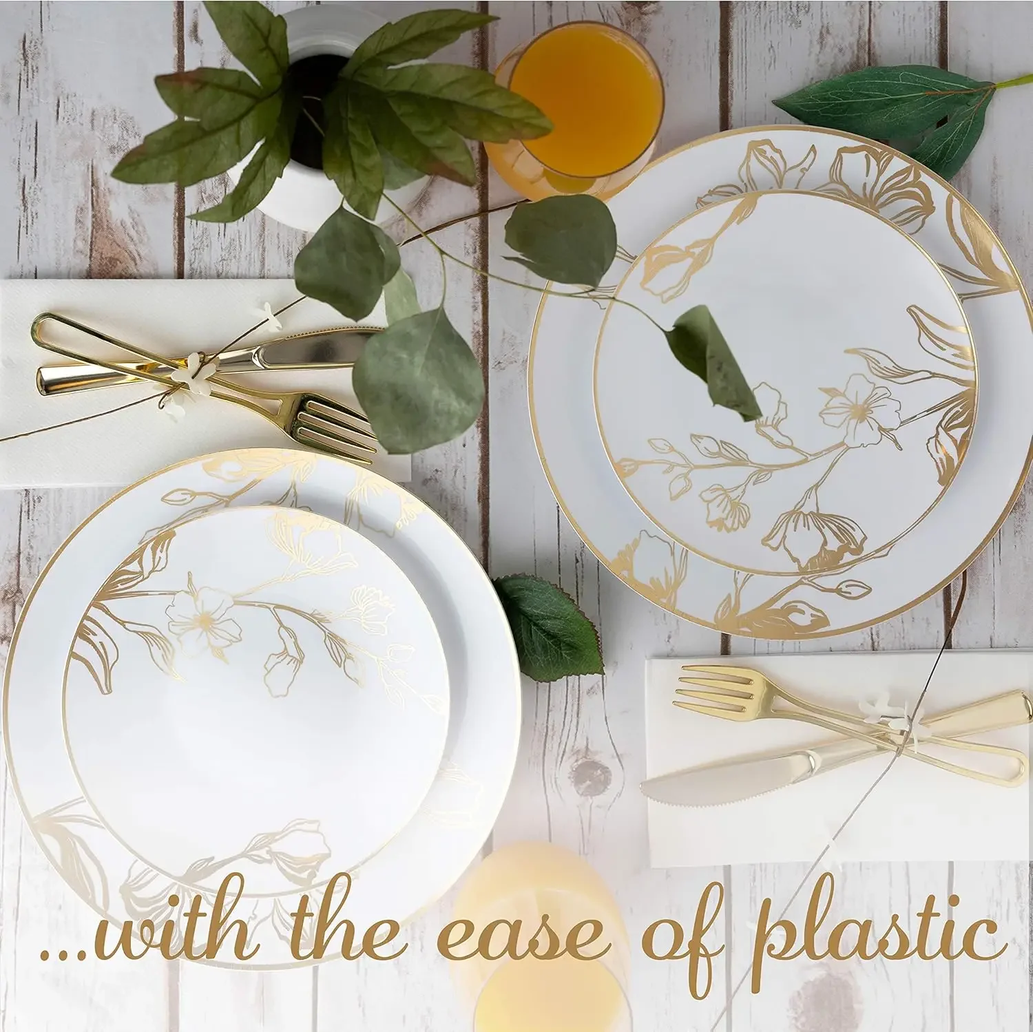 64 Piece Combo Plates Set includes 32 7'' inch Plates&32 10'' inch Plates White Plastic Floral Design Party With Gold Rim