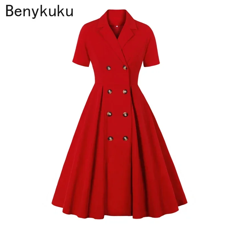 

Double Breasted Red Vintage Midi Dress 2024 Notched Collar High Waist Women Spring Summer Clothes Elegant Office Ladies Dresses