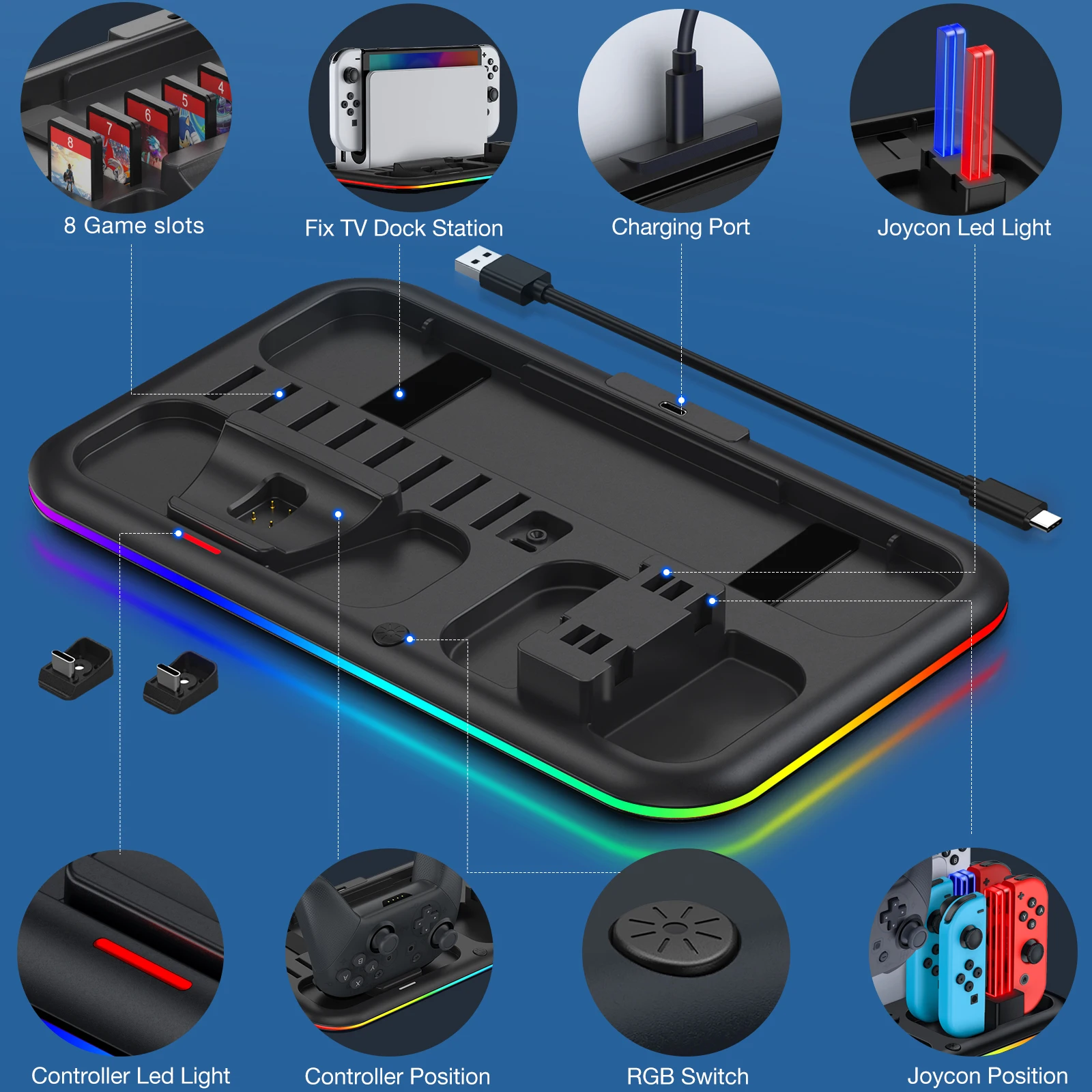 BEBONCOOL SC100 RGB 충전 도킹 스테이션 Nintendo 스위치/스위치 OLED Joycon/Pro 컨트롤러 충전기 게임 카드 보관